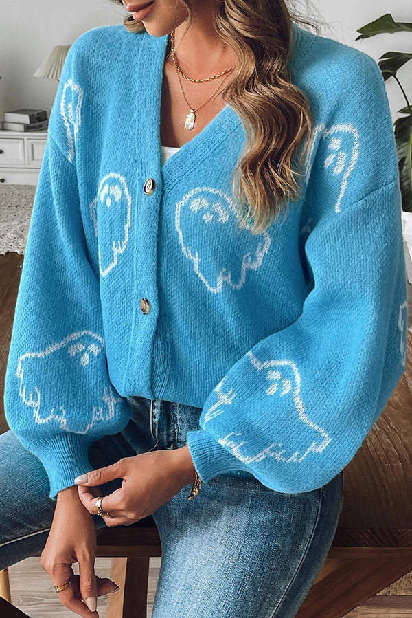 Cozy Halloween Ghost Knit Sweater Button-Down Top
