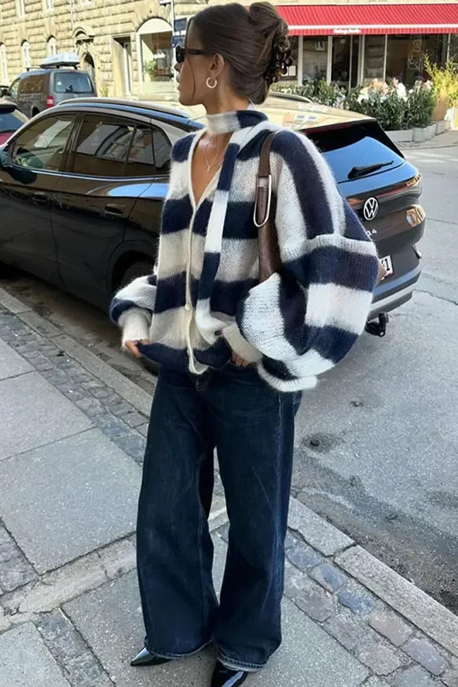 Striped V-Neck Loose Knit Cardigan
