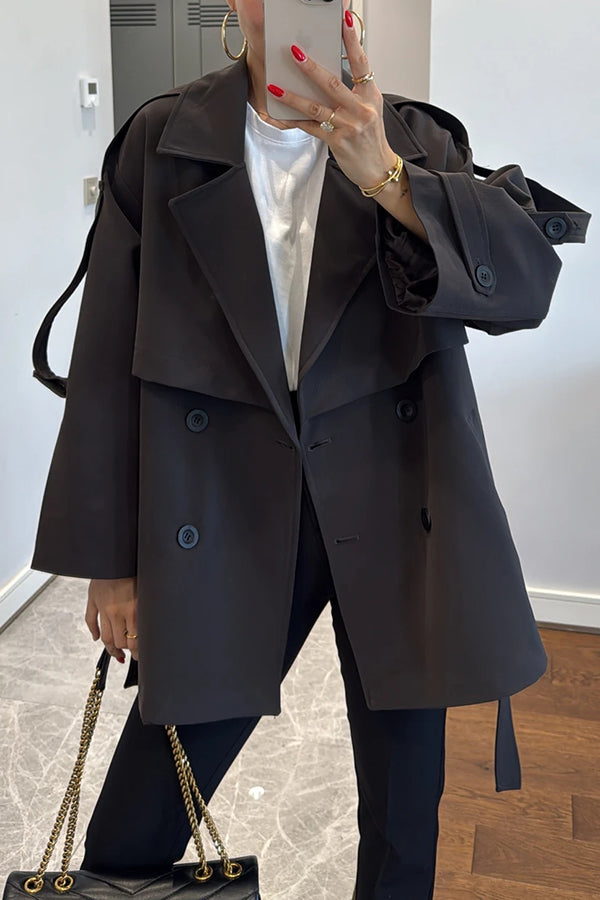 Modern Urban Belted Lapel Trench Coat with Button Detail