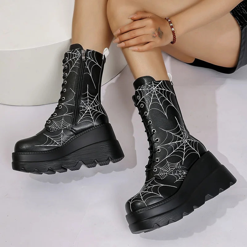 Gothic Chunky Platform Mid Calf Boots with Spider Web Detail