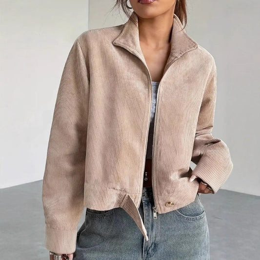 Cropped Corduroy Jacket with Wide Collar and Zipper Closure