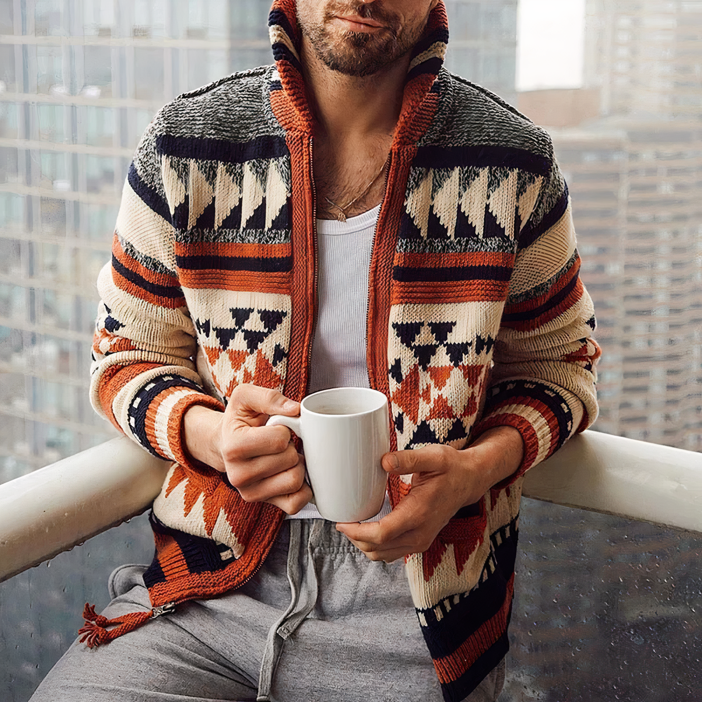 Men's Retro Print Zip-Up Hoodie