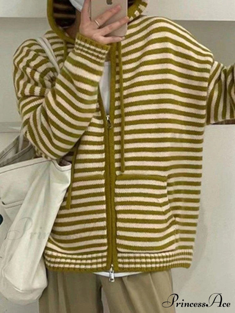 Cozy Striped Hooded Zipper Cardigan