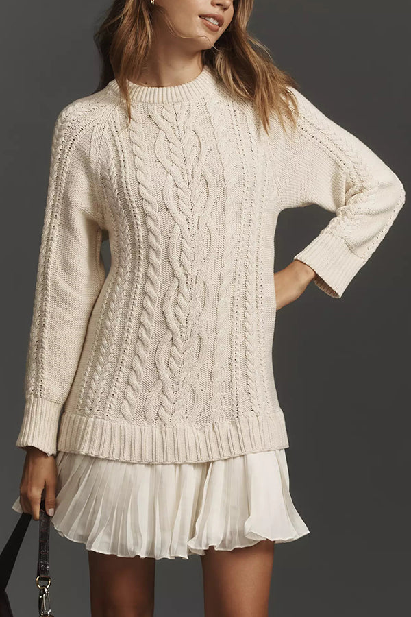 Cable Knit Sweater Mini Dress with Pleated Chiffon Hem