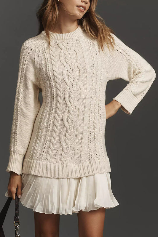 Cable Knit Sweater Mini Dress with Pleated Chiffon Hem