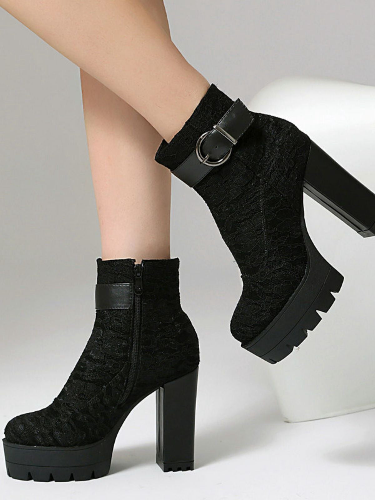 Vintage Lace Platform Ankle Boots with Chunky Heels