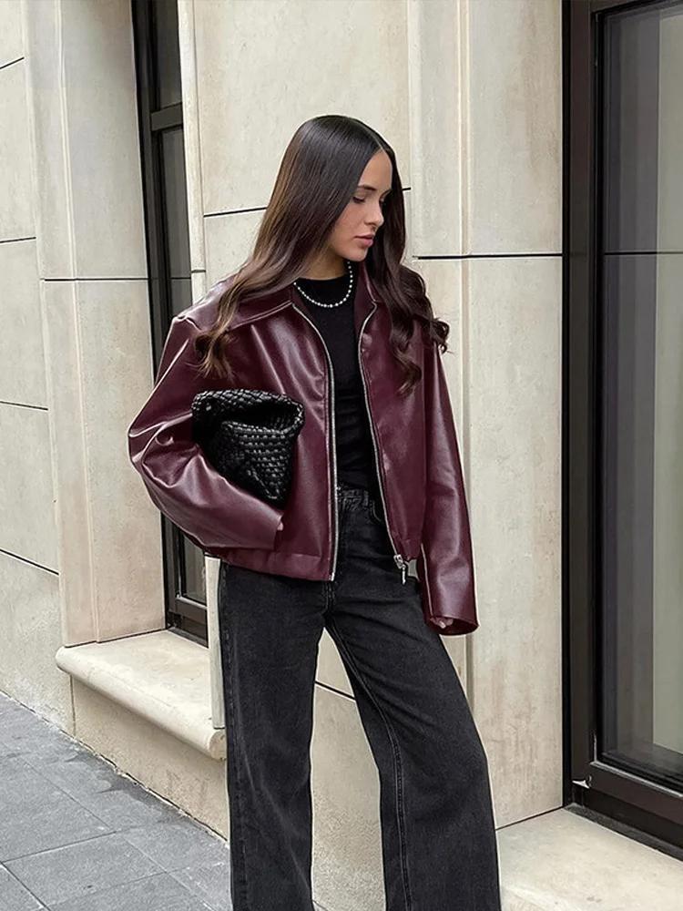 Burgundy Faux Leather Jacket with Stylish Lapel and Zipper Detail