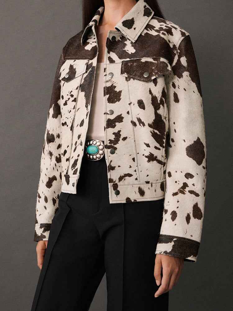 Cow Print Notched Collar Jacket with Stylish Snap Buttons