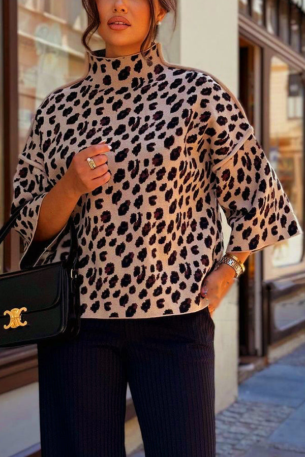 Cozy Leopard Print Knit Sweater with Loose Turtleneck