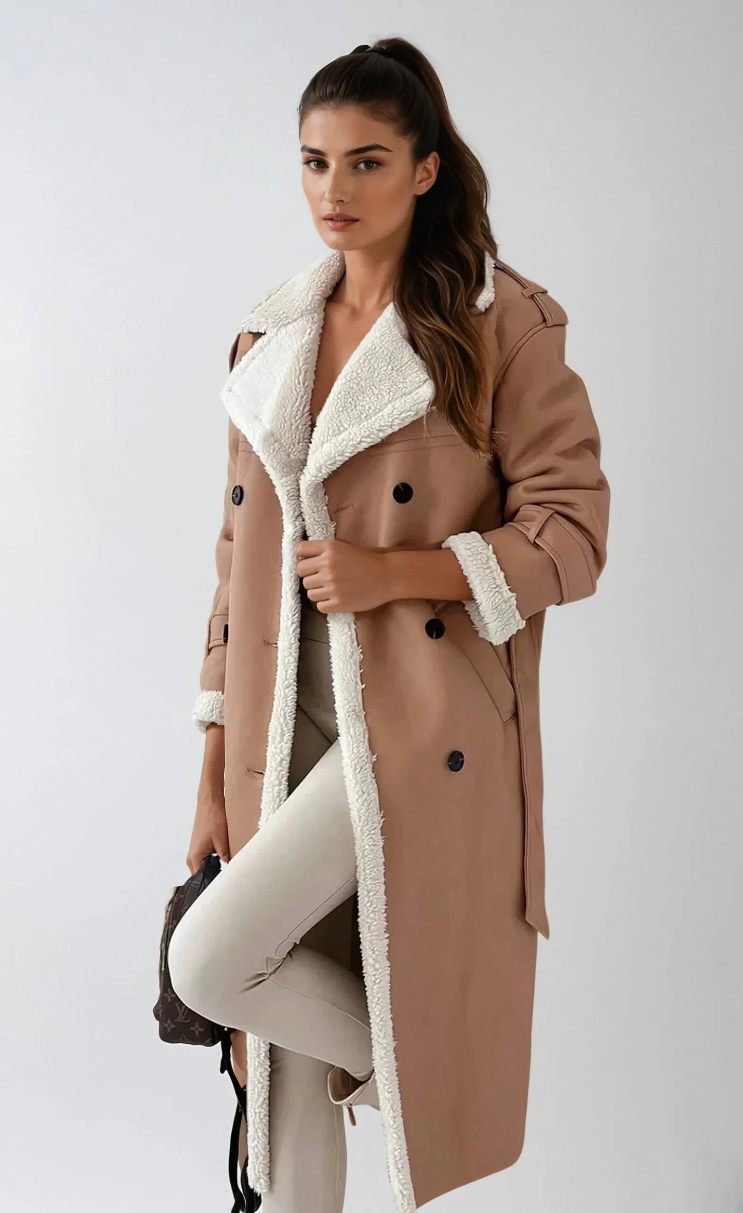 Elegant Long Coat with Cozy Fuzzy Collar
