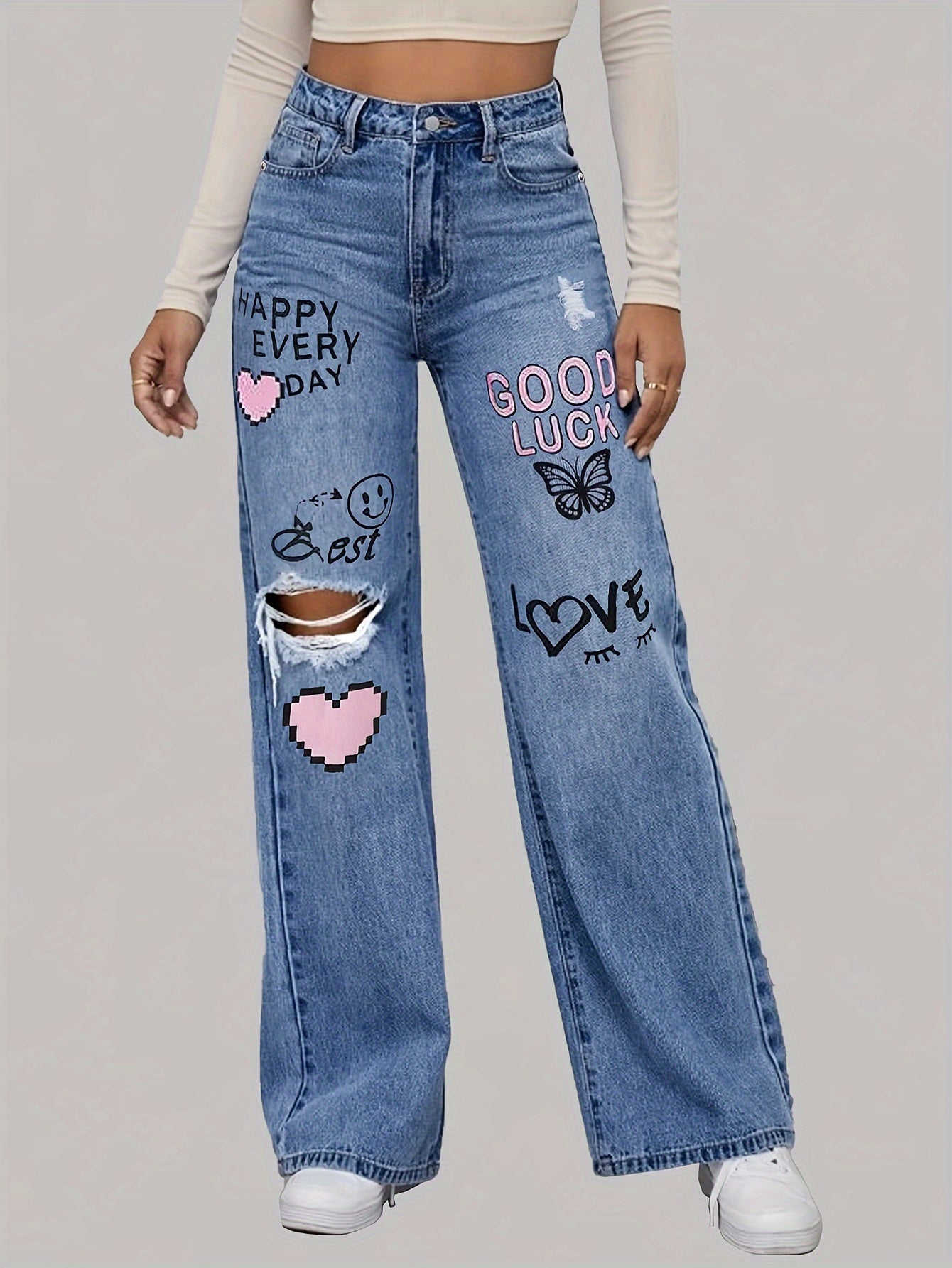 High-Waist Wide-Leg Denim Jeans with Bold Graphic Prints