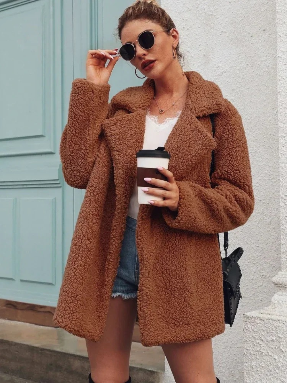 Cozy Teddy Plush Short Coat with Lapel Collar for Women