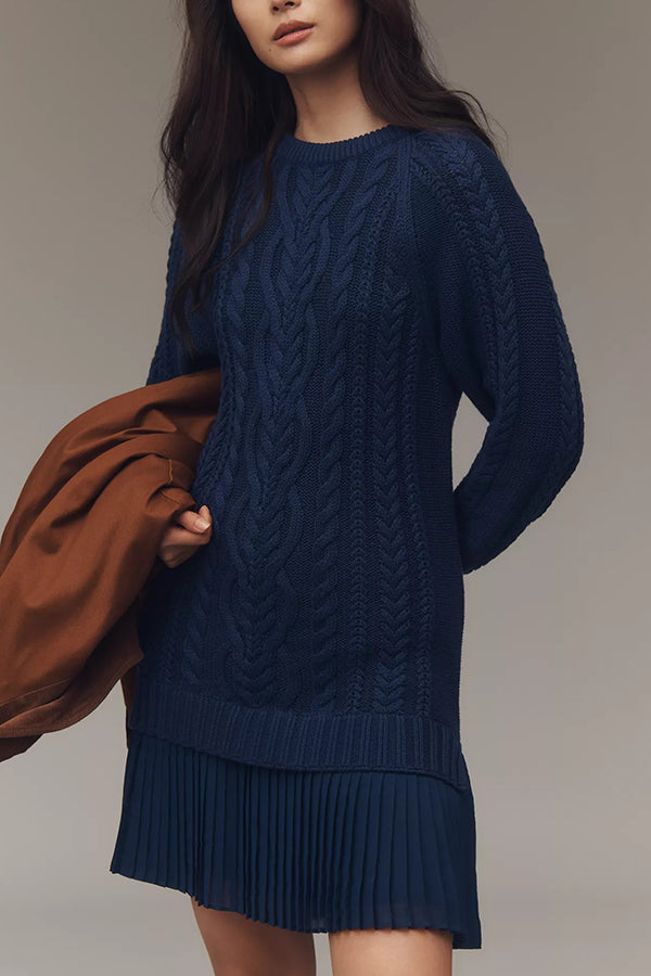 Cable Knit Sweater Mini Dress with Pleated Chiffon Hem