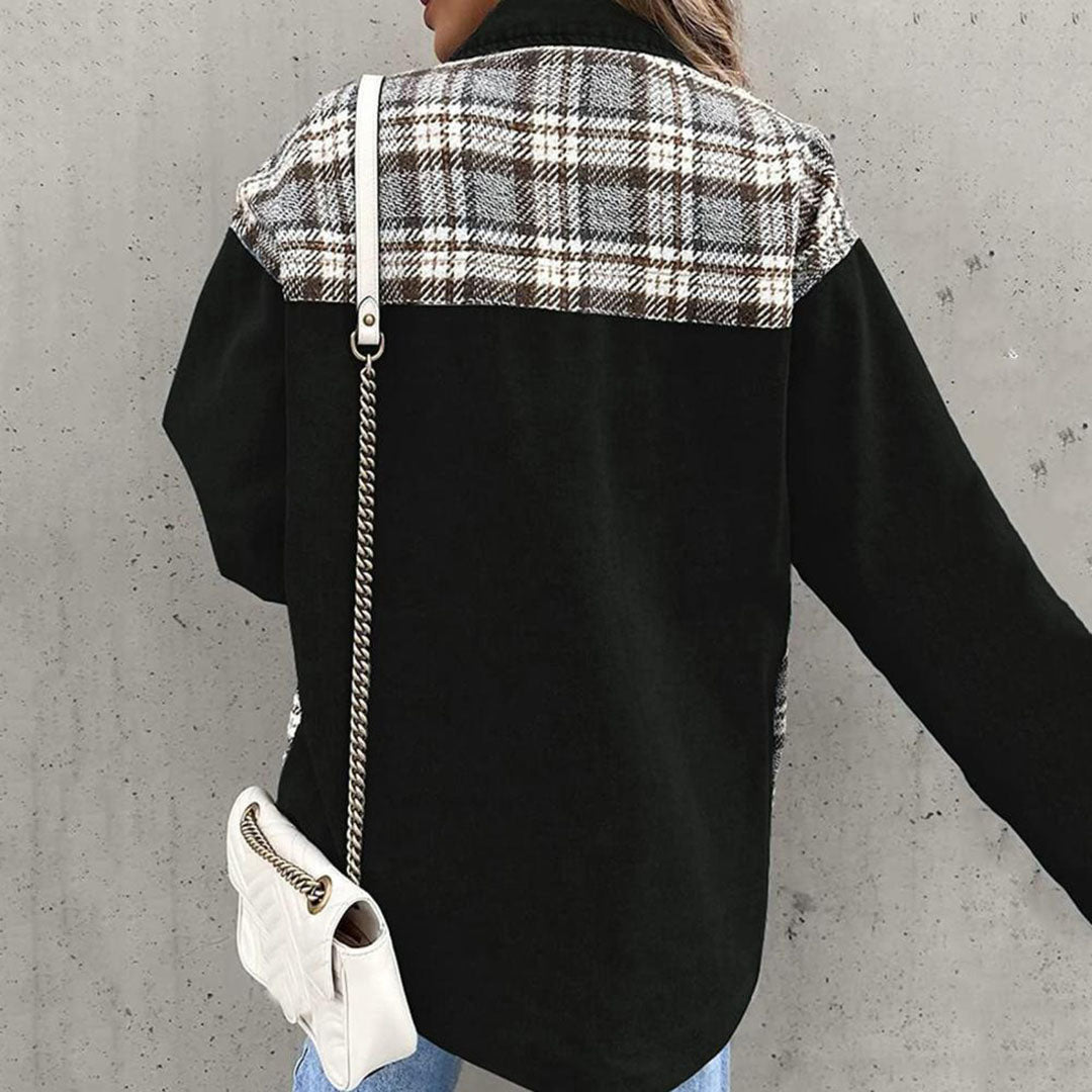Chic Women’s Plaid Jacket with Classic Collar and Buttons
