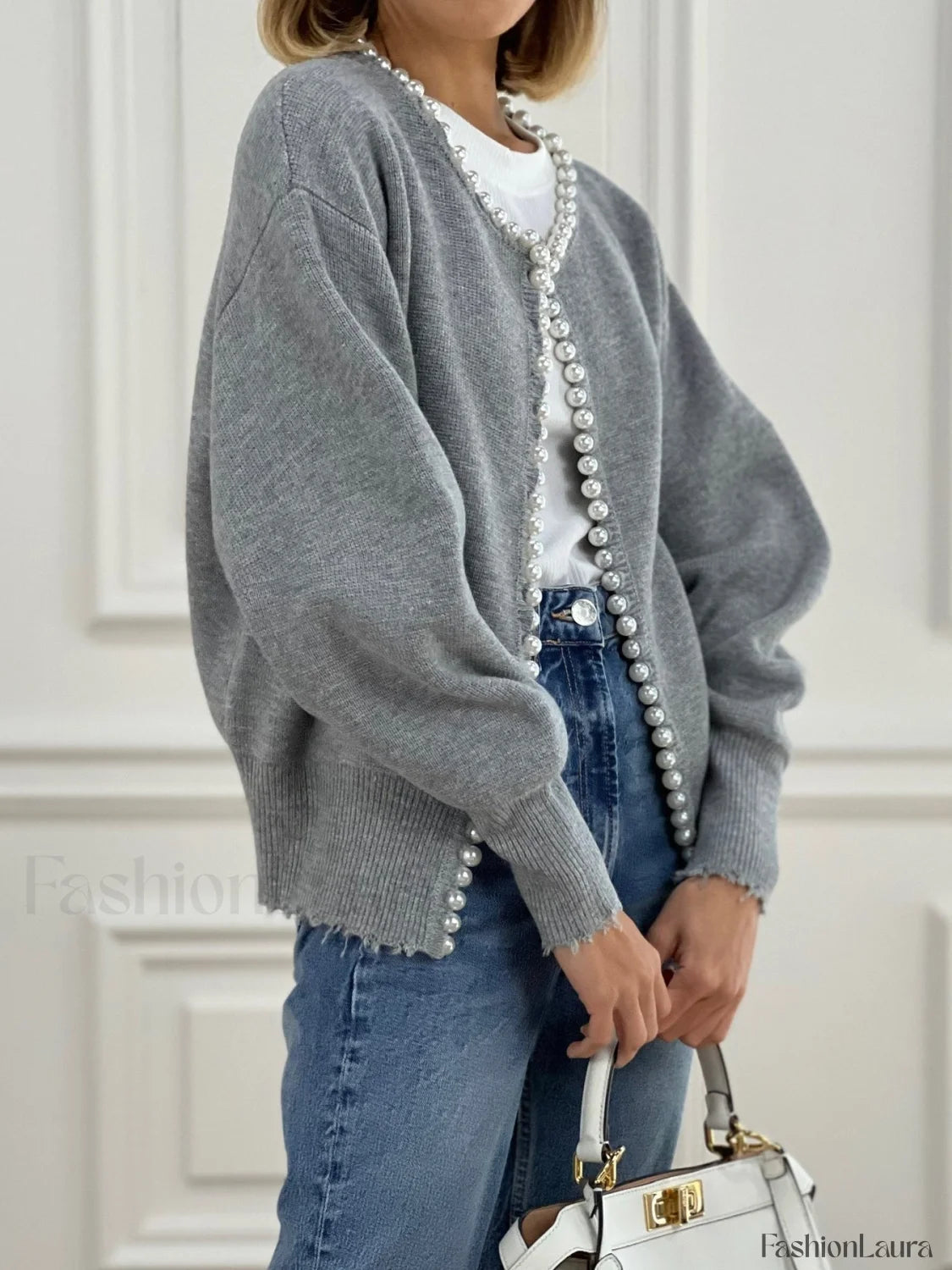 Pearl Trim Ripped Hem Knit Cardigan