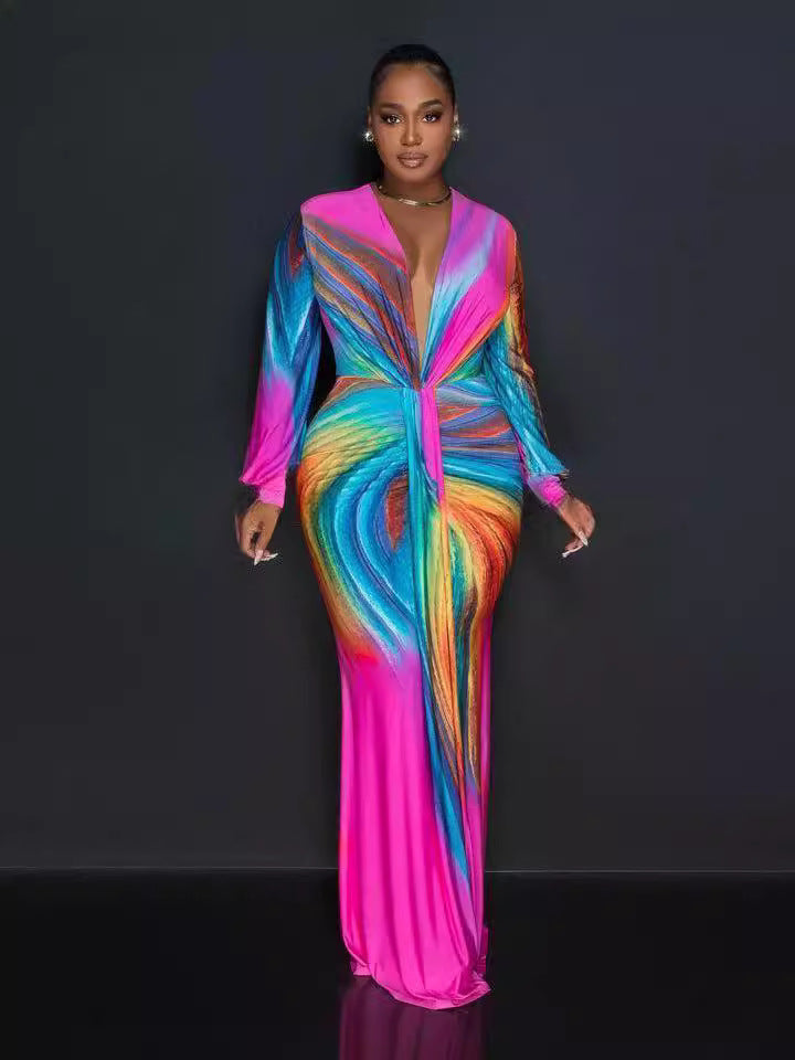 Tie-Dye Pleated V-Neck Maxi Dress