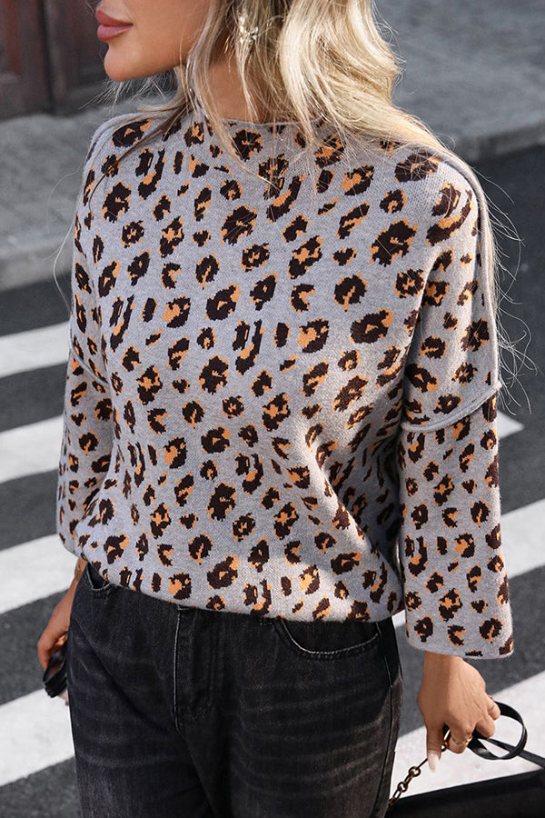 Cozy Leopard Print Knit Sweater with Loose Turtleneck
