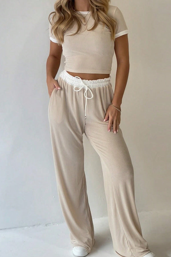 Casual Two-Piece Set with Round Neck Top and Elastic Waist Pants