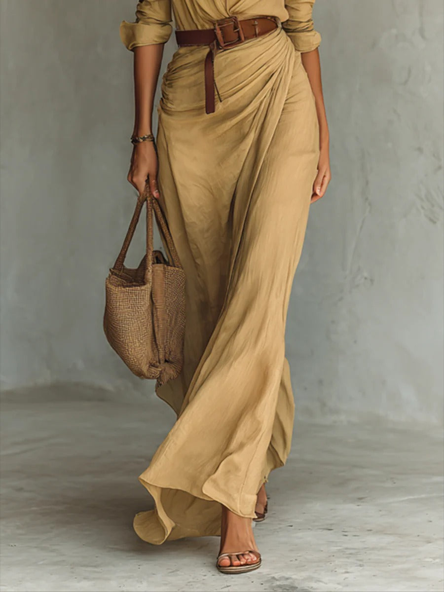 Elegant Long-Sleeve Tailored Maxi Dress with Lapel Collar
