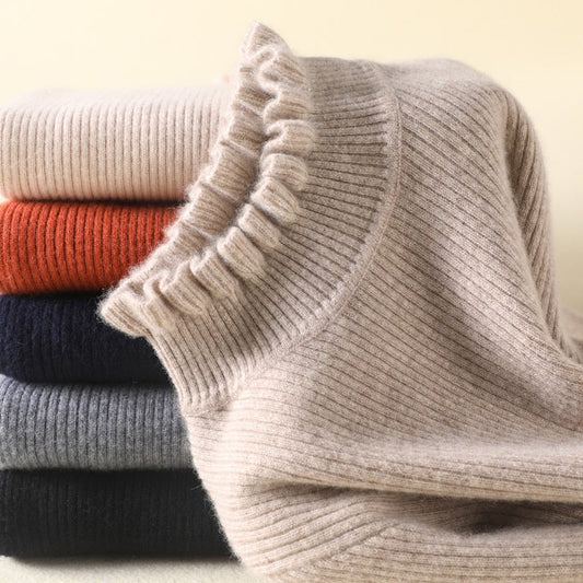 Cozy Turtleneck Knit Sweater with Feminine Ruffle Details