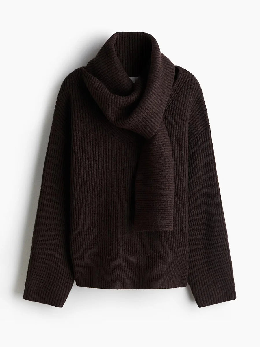 Chocolate Brown Ribbed Sweater with Attached Scarf