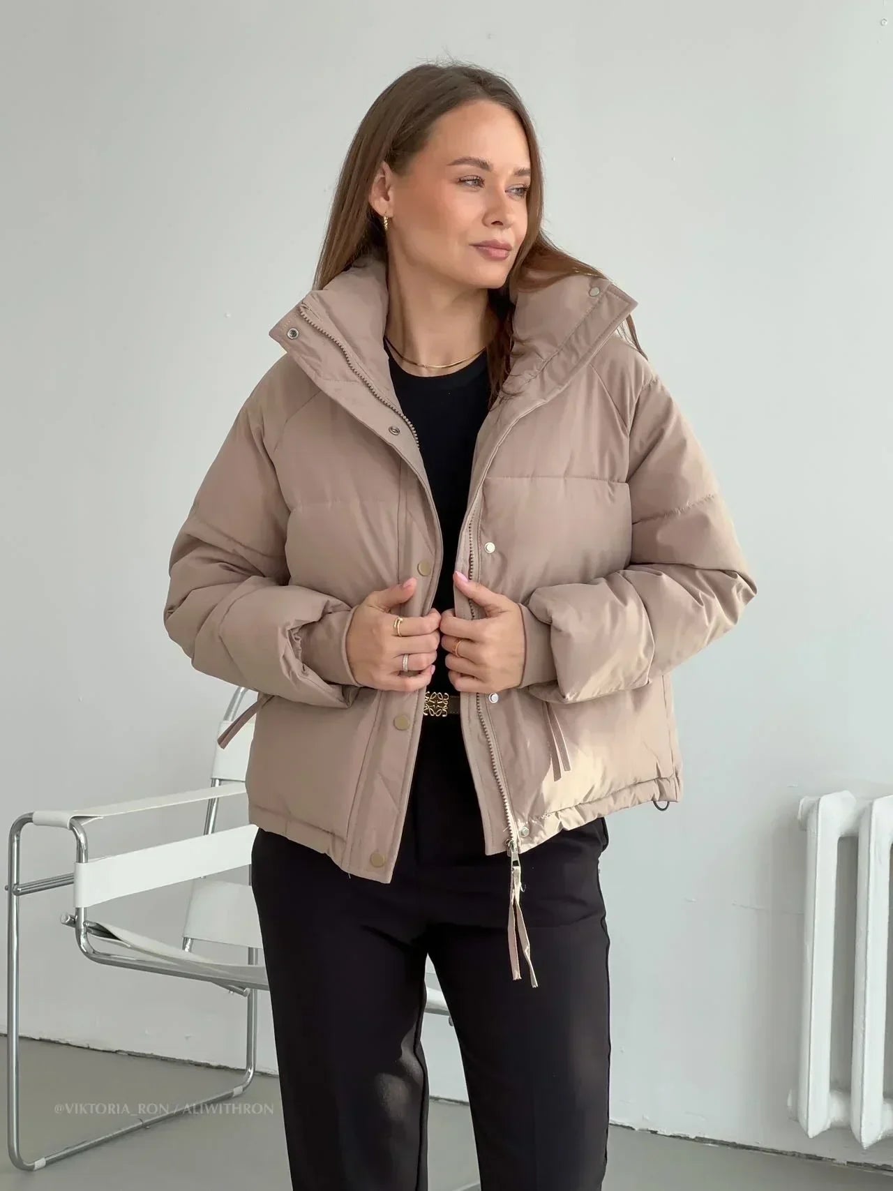Women's Lightweight Winter Jacket with Zipper and High Collar