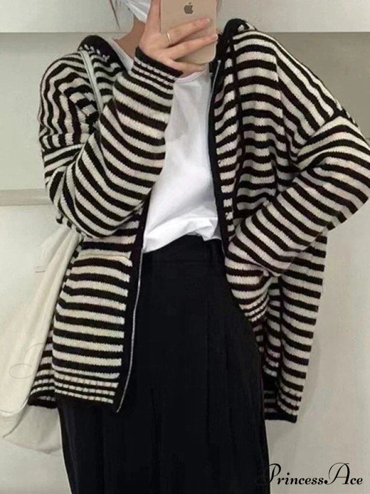 Cozy Striped Hooded Zipper Cardigan