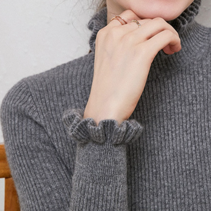 Cozy Turtleneck Knit Sweater with Feminine Ruffle Details