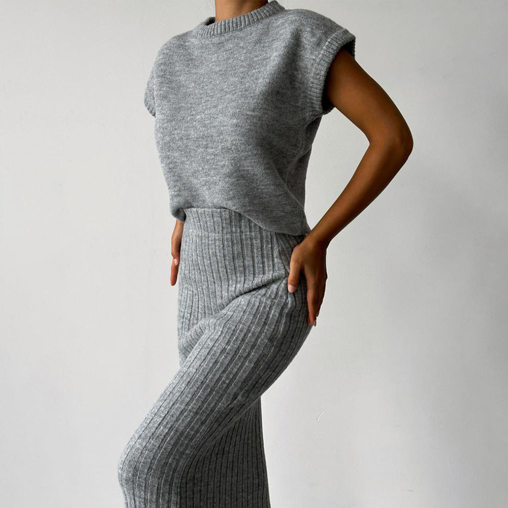 Knit Short Sleeve Sweater & Ribbed Midi Skirt Set