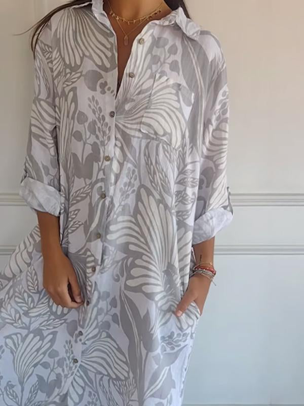 Loose Printed Lapel Dress for Effortless Style