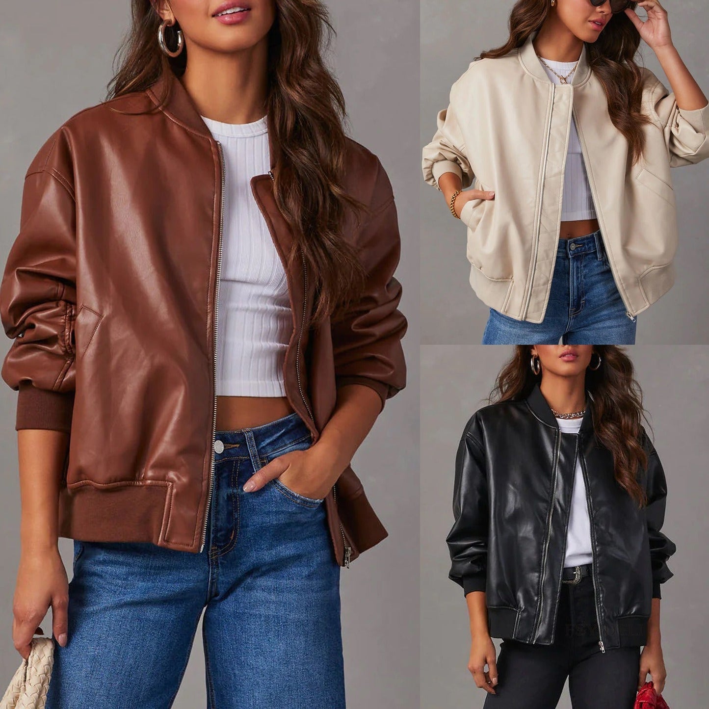 Classic Leather Zip Bomber Jacket for Women