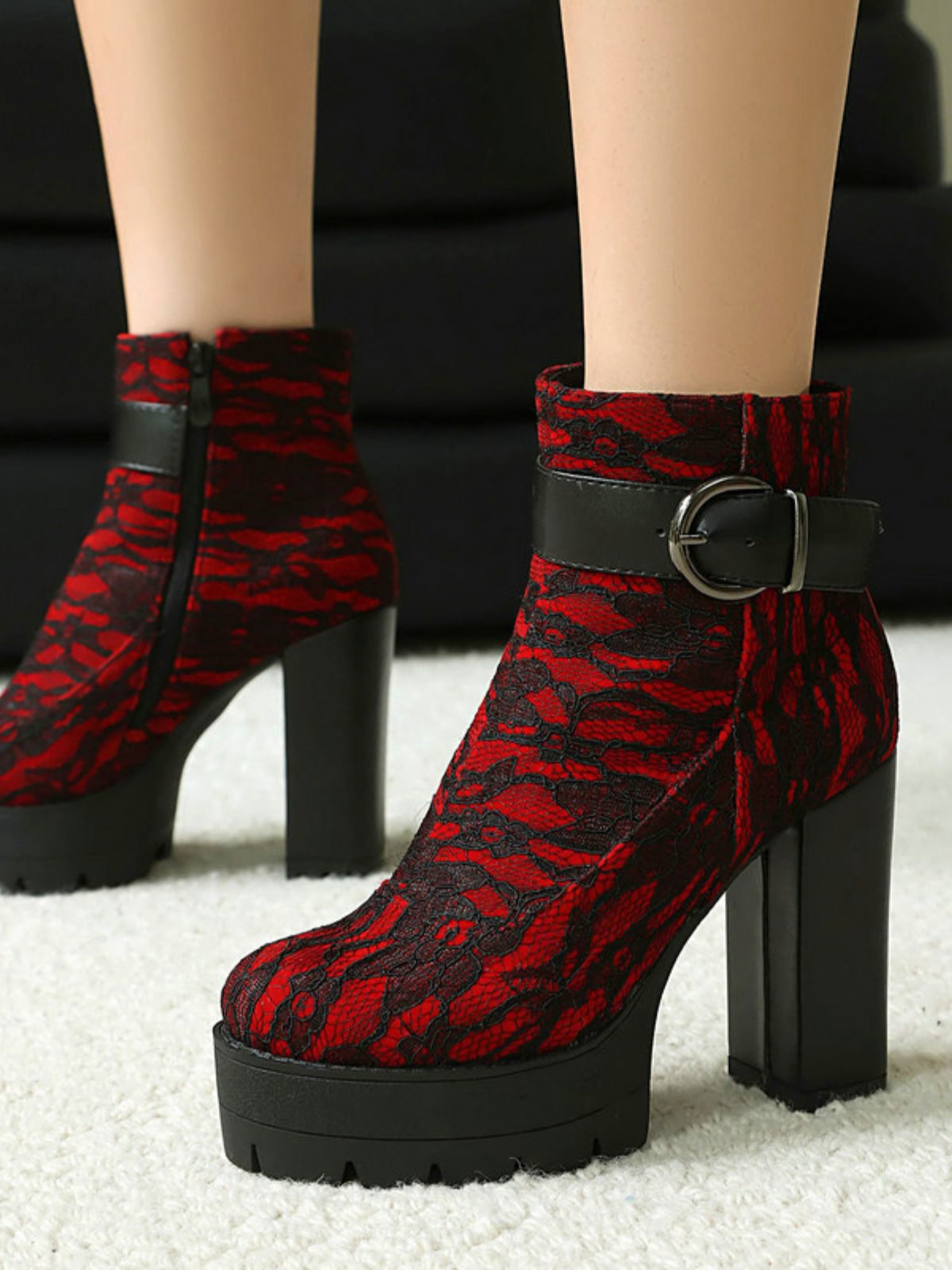 Vintage Lace Platform Ankle Boots with Chunky Heels