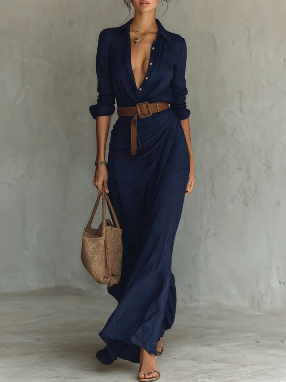 Elegant Long-Sleeve Tailored Maxi Dress with Lapel Collar