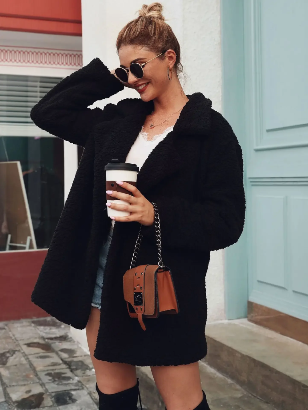 Cozy Teddy Plush Short Coat with Lapel Collar for Women