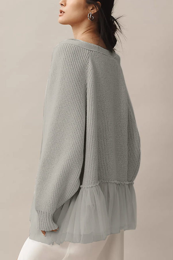 Mesh Ruffle Knit Cardigan with Long Sleeves