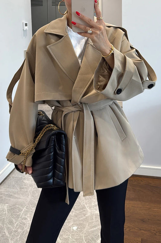 Modern Urban Belted Lapel Trench Coat with Button Detail