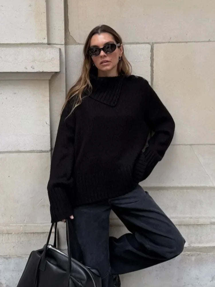 Cozy Button Turtleneck Loose Fit Pullover Sweater