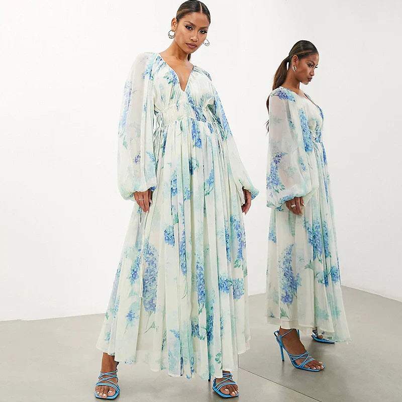 Floral Drawstring Waist Maxi Dress