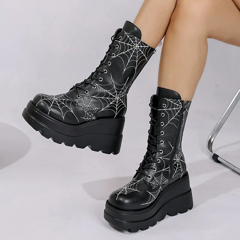 Gothic Chunky Platform Mid Calf Boots with Spider Web Detail
