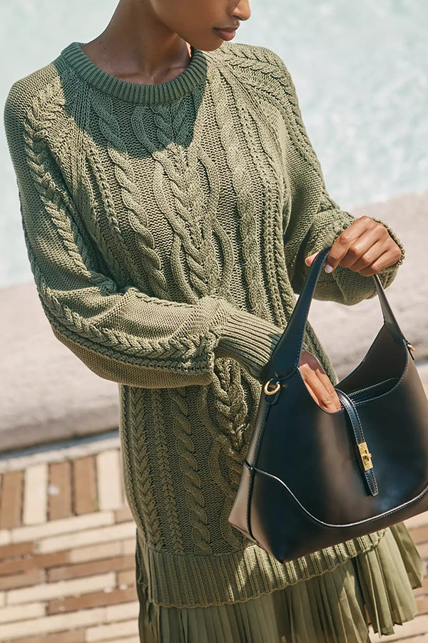 Cable Knit Sweater Mini Dress with Pleated Chiffon Hem