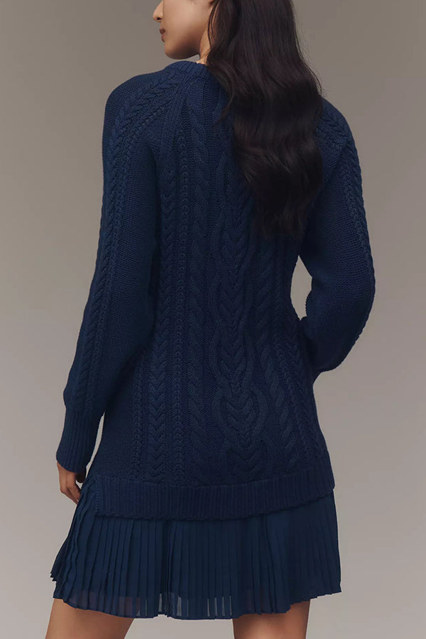 Cable Knit Sweater Mini Dress with Pleated Chiffon Hem