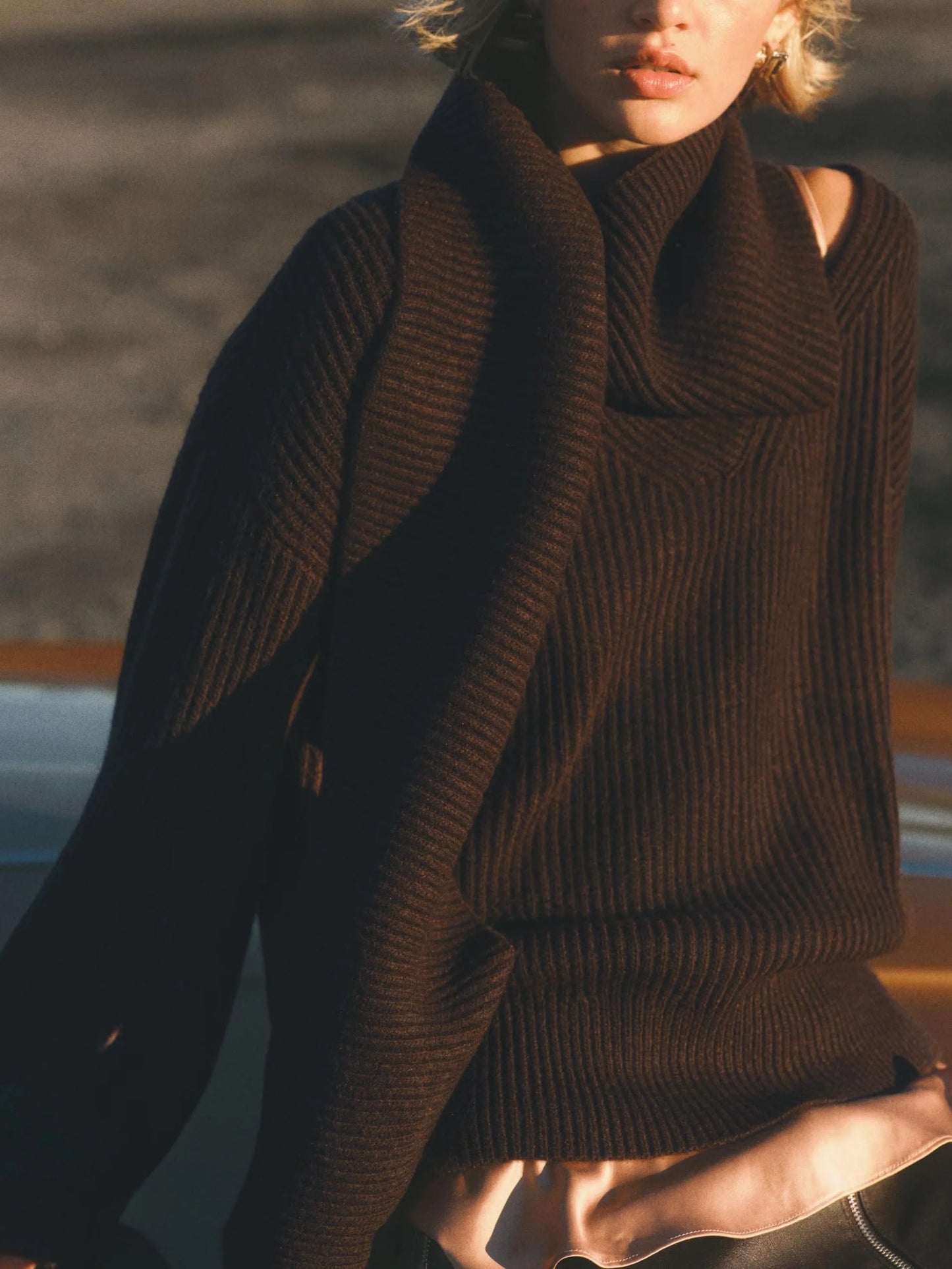 Chocolate Brown Ribbed Sweater with Attached Scarf