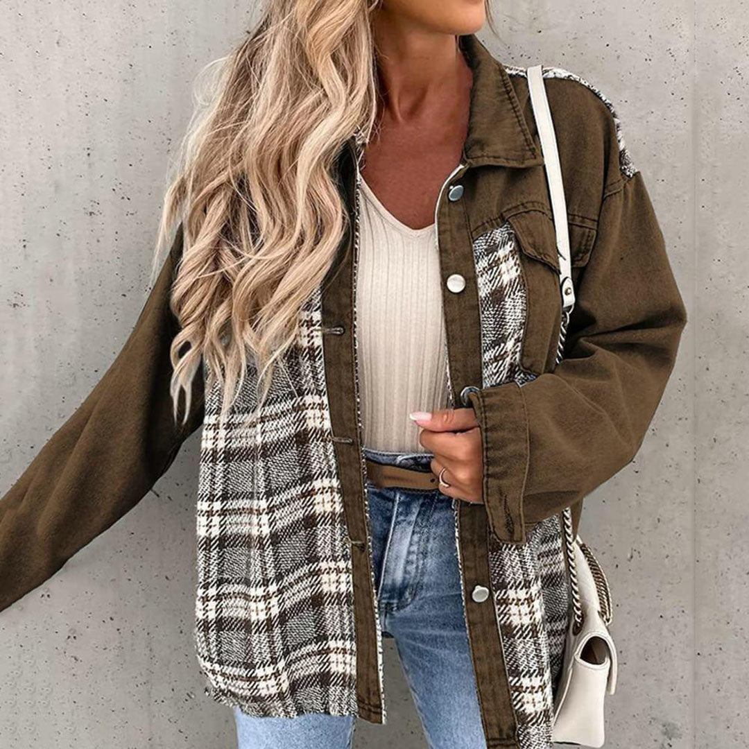 Chic Women’s Plaid Jacket with Classic Collar and Buttons