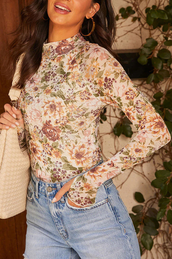 Floral Print Slim Fit Long Sleeve Casual Top