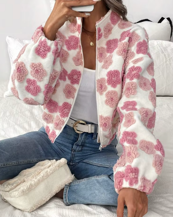 Cozy Fleece Jacket with Candy Floral Print