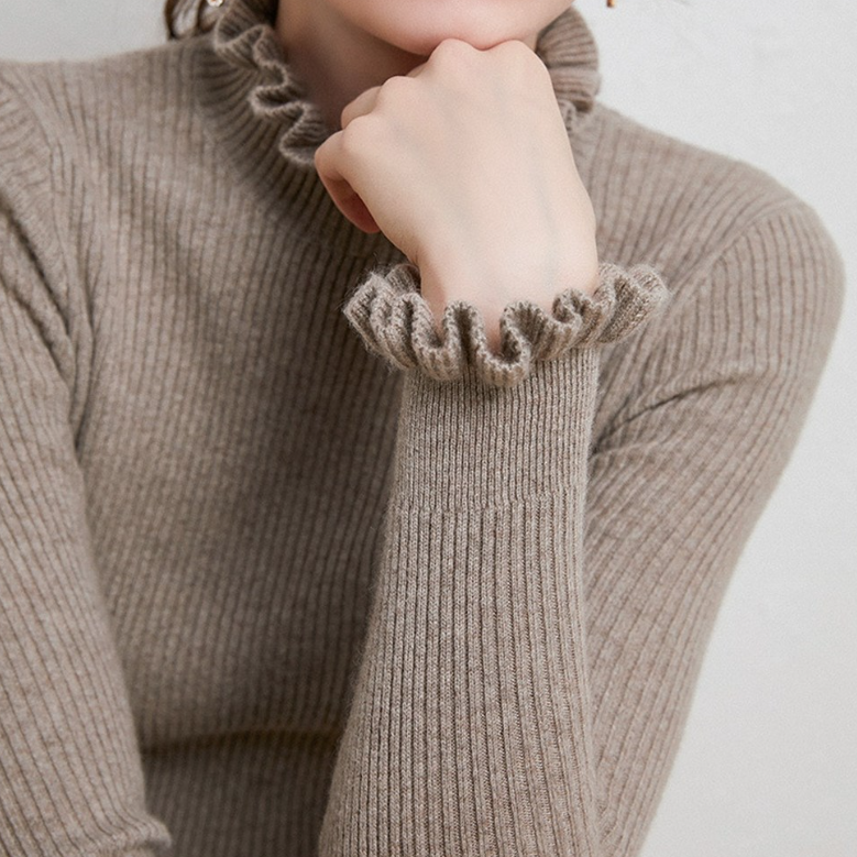 Cozy Turtleneck Knit Sweater with Feminine Ruffle Details