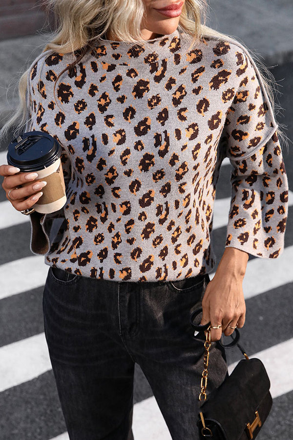 Cozy Leopard Print Knit Sweater with Loose Turtleneck