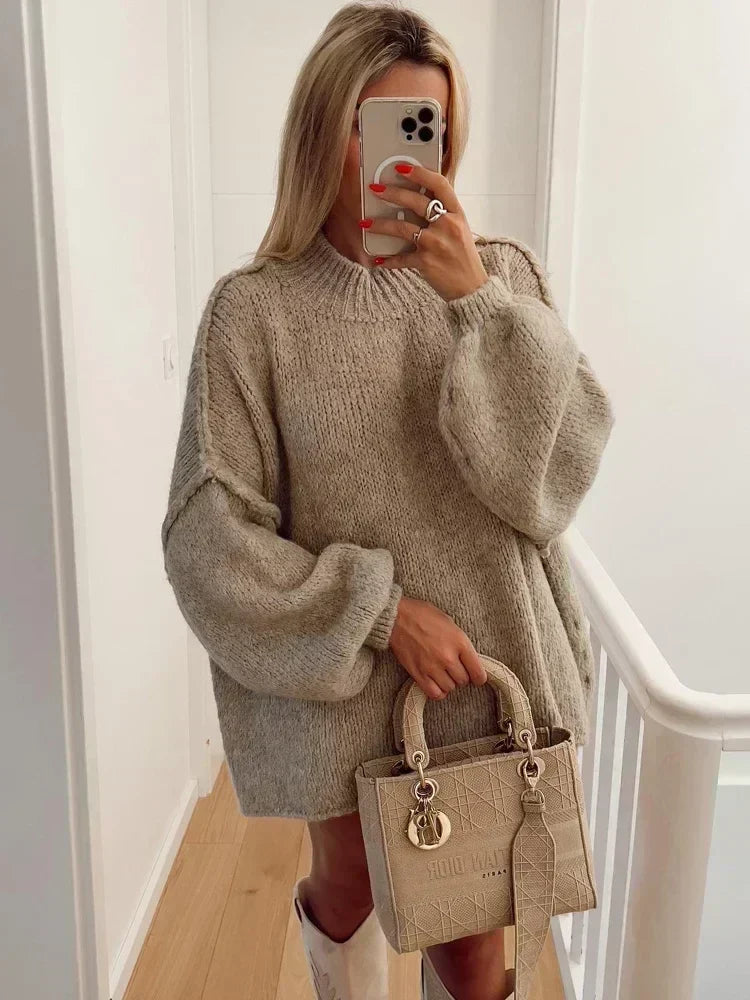 Cozy Knit Turtleneck Sweater with Puff Sleeves