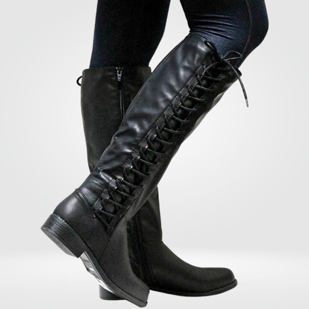Women's Leather-Look Block Heel Boots with Zipper and Lacing