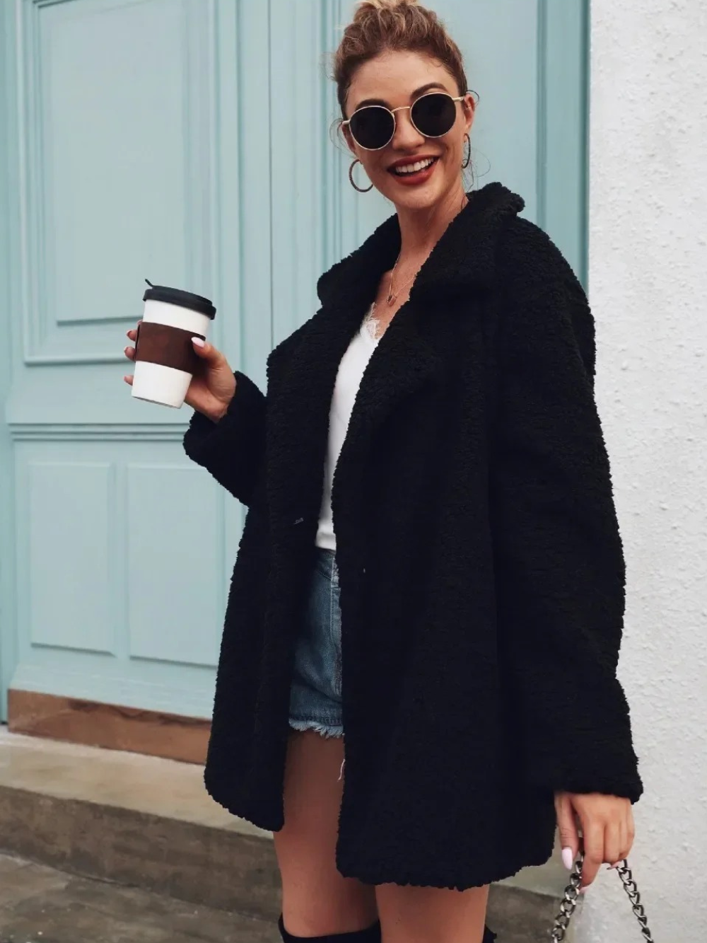 Cozy Teddy Plush Short Coat with Lapel Collar for Women